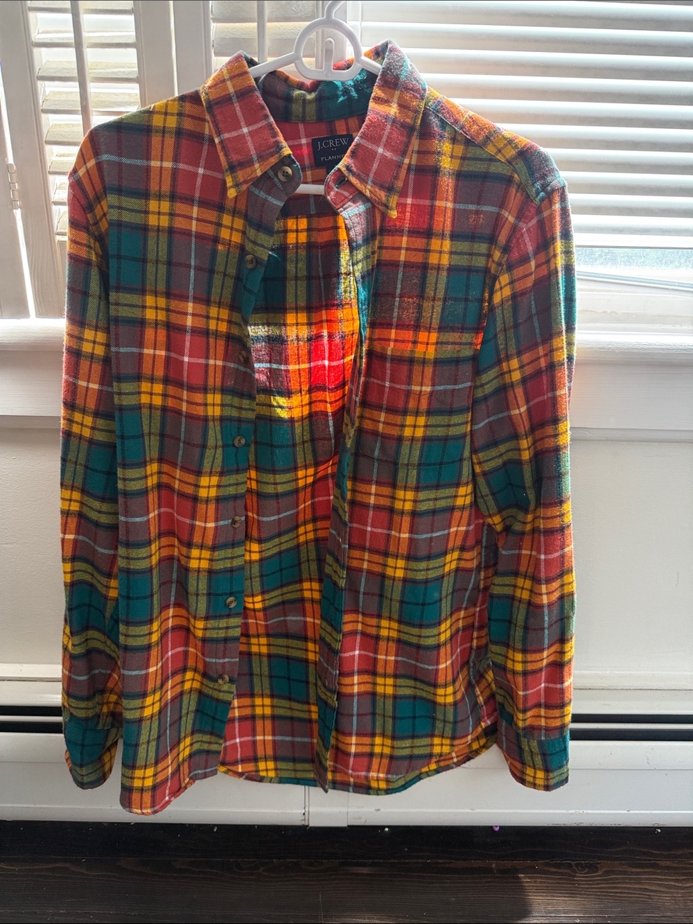 J. Crew Teal, Red and Yellow Plaid Flannel Shirt